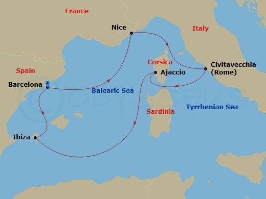 Valiant Lady - 6 Night - Riviera Charms, Rome & Corsica - Valiant Lady - Starting in Barcelona, Spain, Nice (Villafranche), France, Rome (Civitavecchia), Italy, Ajaccio, Cor.. itinerary map