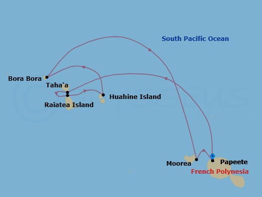 7 Night - Papeete, Tahiti / Papeete, Tahiti - Evrima - Starting in Papeete, Tahiti, Tahaa (Beach Day), Raiatea, Huahine (Marina Day), Bora Bora, Moorea, Papeete, Tahiti itinerary map