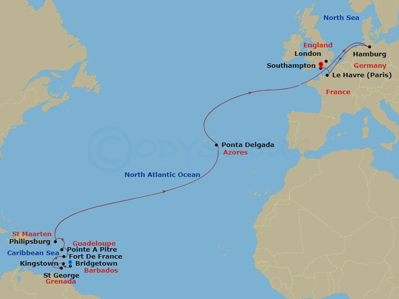 MSC Virtuosa - 20 Night - Msc Grand Voyages - MSC Virtuosa - Starting in Bridgetown, Barbados, Kingstown, St Vincent and the Grenadines, Saint Georges, Grenada, Fort-de-Fran.. itinerary map