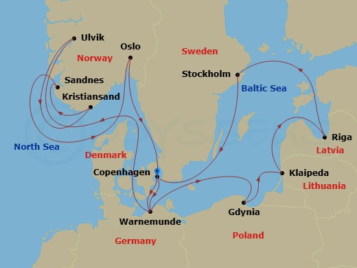 MSC Magnifica - 14 Night - Northern Europe - MSC Magnifica - Starting in Copenhagen, Denmark, Warnemunde (Berlin), Germany, Ulvik, Norway, Kristiansand, Norway, Sandnes, Norw.. itinerary map