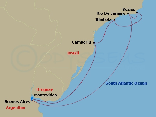MSC Fantasia - 9 Night - South America - MSC Fantasia - Starting in Buenos Aires, Argentina, Rio De Janeiro, Brazil, Buzios, Brazil, Ilhabela, Brazil, Camboriu, Brazil, Mont.. itinerary map