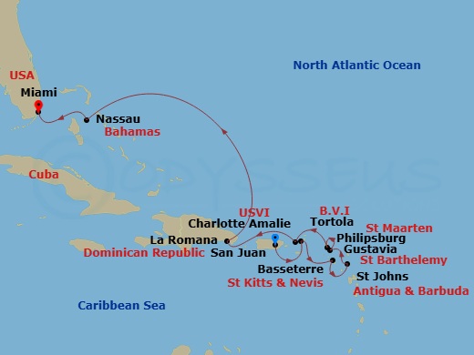 Seven Seas Prestige - 10 Night - Caribbean Mystique - Seven Seas Prestige - Starting in San Juan, Tortola, Basseterre, St Johns, Gustavia, Philipsburg, Charlotte Amalie, La Romana,.. itinerary map
