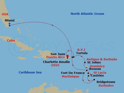 Seven Seas Prestige - 10 Night - Tropical Passage - Seven Seas Prestige - Starting in Miami, Cruising the Atlantic Ocean, Charlotte Amalie, Roseau, Bridgetown, Castries, Fort-de-Fr.. itinerary map