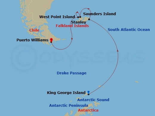 Silver Endeavour - 13 Night - King George Island to Puerto Williams - Silver Endeavour - Starting in King George Island, Antarctic Sound, Antarctic Peninsula, Drake Passage, Por.. itinerary map