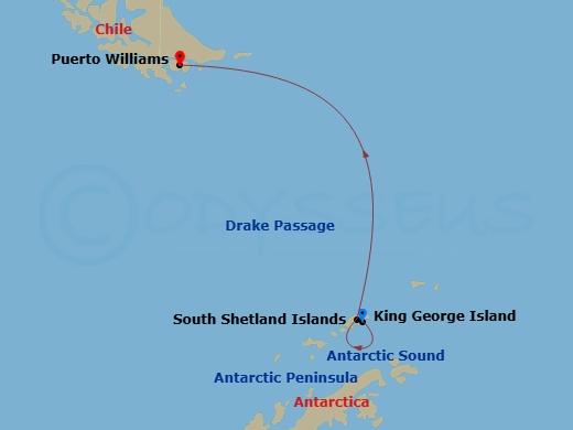 Silver Cloud Expedition - 9 Night - King George Island to Puerto Williams - Silver Cloud Expedition - Starting in King George Island, Antarctic Sound, Antarctic Peninsula, South Shetla.. itinerary map