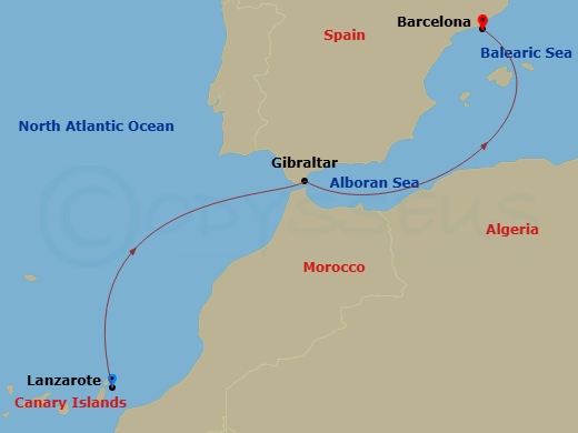 EXPLORA I - 4 Night - A Journey of Sculpted Shores and Sunlit Plazas - EXPLORA I - Starting in Arrecife (Lanzarote), Gibraltar, Barcelona itinerary map