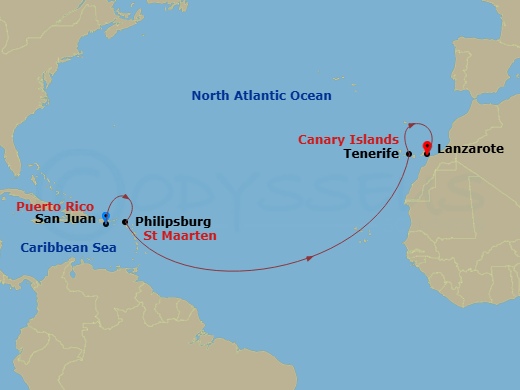 EXPLORA I - 9 Night - A Journey from Painted Streets to Sculpted Shores - EXPLORA I - Starting in San Juan, St Maarten / Philipsburg, Santa Cruz de Tenerife, Arrecife (La.. itinerary map