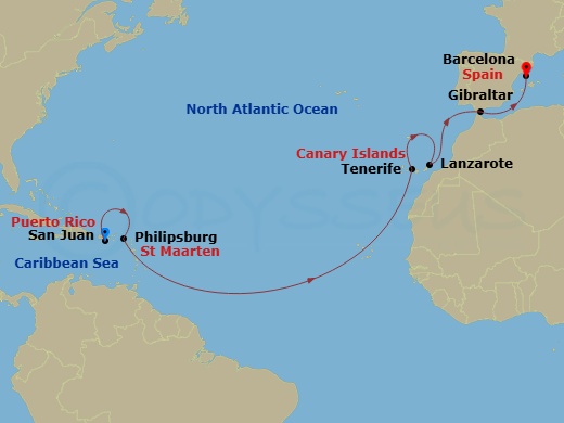 EXPLORA I - 13 Night - A Journey Through Atlantic Breezes and Mediterranean Grace - EXPLORA I - Starting in San Juan, St Maarten / Philipsburg, Santa Cruz de Tenerife, Ar.. itinerary map