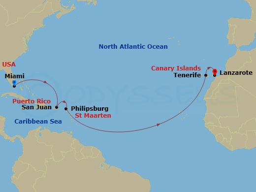 EXPLORA I - 12 Night - A Journey from Turquoise Shores to Volcanic Isles - EXPLORA I - Starting in Miami, San Juan, St Maarten / Philipsburg, Santa Cruz de Tenerife, Arre.. itinerary map