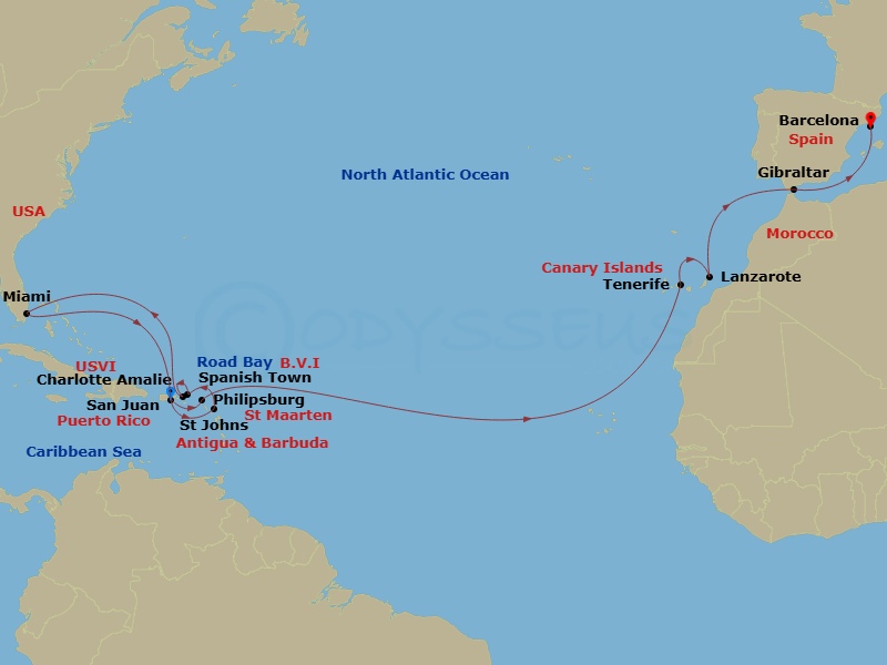 EXPLORA I - 23 Night - A Grand Journey of Lively Latin Flair, Modern Marvels & Coastal Charm - EXPLORA I - Starting in San Juan, St Johns AG, Antigua, Road Bay, Spanish T.. itinerary map