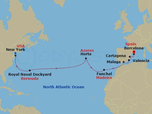Seven Seas Prestige - 14 Night - Gilded Crossing - Seven Seas Prestige - Starting in New York, Cruising the Atlantic Ocean, Royal Naval Dockyard, Cruising the Atlantic Ocean, Horta.. itinerary map