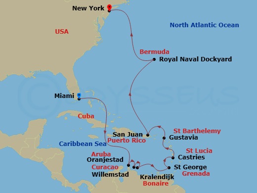 Seven Seas Prestige - 14 Night - Emerald East Coast - Seven Seas Prestige - Starting in Miami, Cruising the Old Bahama Channel, Cruising the Caribbean Sea, Oranjestad, Willemstad A.. itinerary map