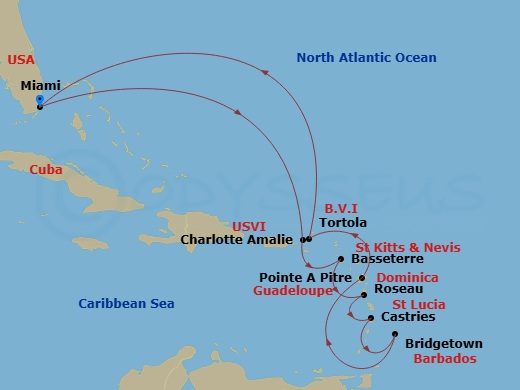 Seven Seas Prestige - 12 Night - Prestige Isles - Seven Seas Prestige - Starting in Miami, Cruising the Atlantic Ocean, Charlotte Amalie, Basseterre, Roseau, Castries, Bridgetown,.. itinerary map
