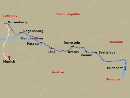 Scenic Jade - 9 Night - Danube in Depth - Scenic Jade - Starting in Budapest, Bratislava, Vienna, Krems / Durnstein, Linz, Passau, Regensburg, Nuremberg itinerary map