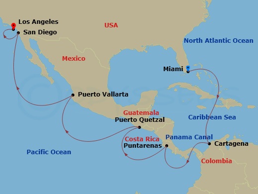 Silver Dawn - 18 Night - Miami to Los Angeles - Silver Dawn - Starting in Miami, Fl, Cartagena CO, Panama Canal Transit, Puntarenas, Puerto Quetzal, Puerto Vallarta, Jalisc.. itinerary map