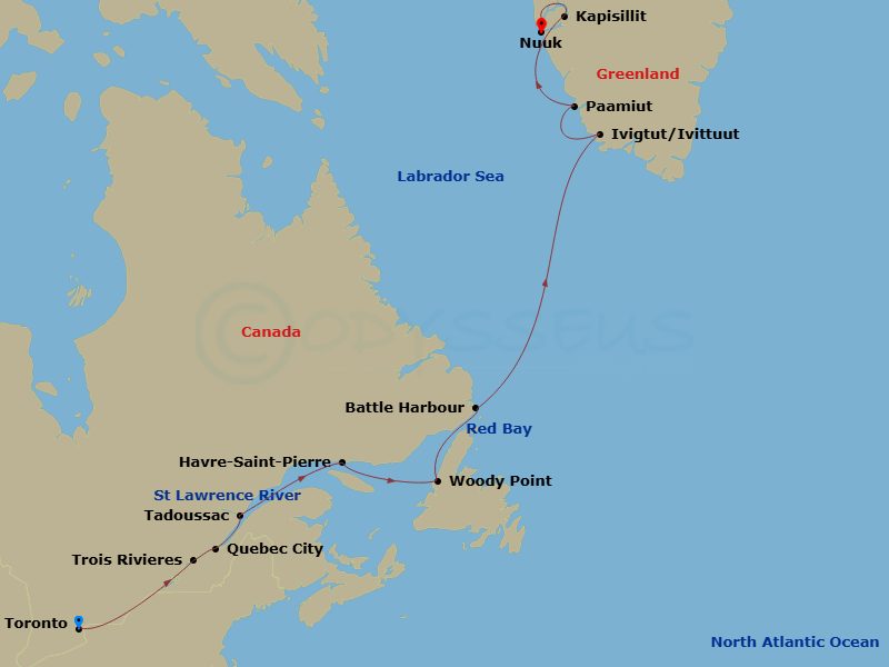 Viking Octantis - 14 Night - Canada & Greenland Explorer - Viking Octantis - Starting in Toronto, Ontario, Scenic Sailing St Lawrence Seaway Locks, Trois-Rivieres, Quebec, Queb.. itinerary map