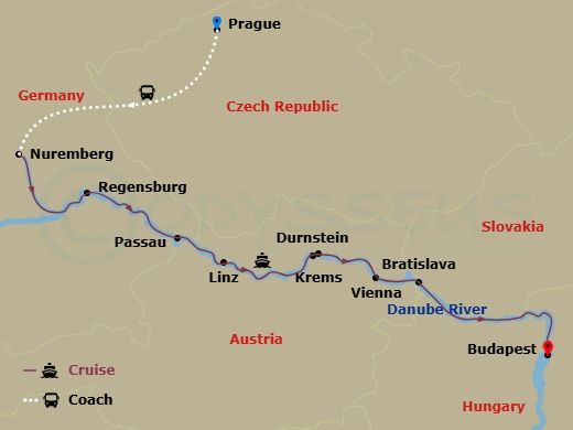 Scenic Crystal - 12 Night - Danube in Depth with Prague - Scenic Crystal - Starting in Prague, Prague / Nuremberg, Nuremberg, Regensburg, Passau, Linz, Durnstein / Krems, Vien.. itinerary map