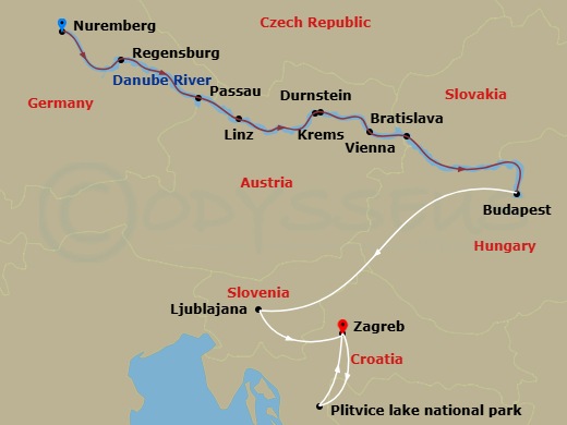 Scenic Crystal - 13 Night - Danube in Depth with Ljubljana & Zagreb - Scenic Crystal - Starting in Nuremberg, Regensburg, Passau, Linz, Durnstein / Krems, Vienna, Vienna / Bra.. itinerary map
