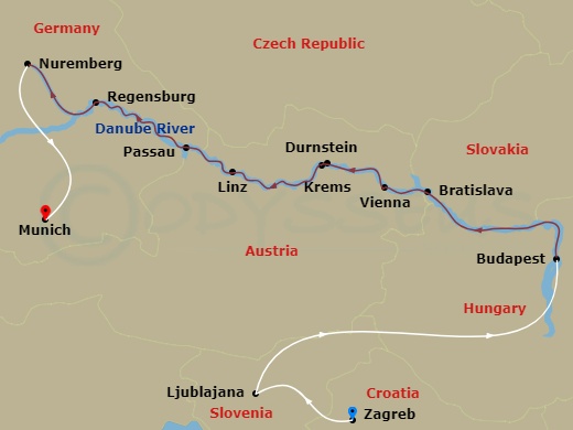 Scenic Crystal - 13 Night - Danube in Depth with Ljubljana & Zagreb - Scenic Crystal - Starting in Zagreb, Zagreb / Ljubljana, Ljubljana, Ljubljana / Budapest, Budapest, Brati.. itinerary map