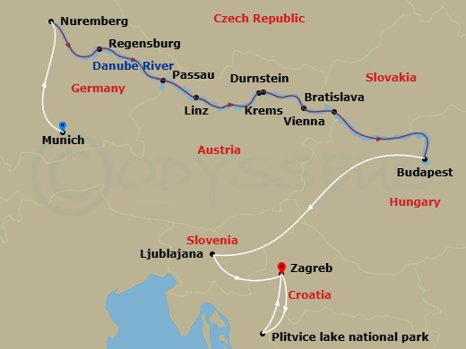 Scenic Jasper - 13 Night - Danube in Depth with Ljubljana & Zagreb - Scenic Jasper - Starting in Munich / Nuremberg, Nuremberg, Regensburg, Passau, Linz, Durnstein / Krems, V.. itinerary map