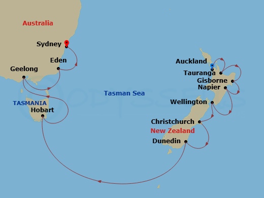 Silver Nova - 16 Night - Auckland to Sydney - Silver Nova - Starting in Auckland, Tauranga, Gisborne, Napier, Wellington, Lyttelton (Christchurch), Dunedin (Port Chalmers),.. itinerary map