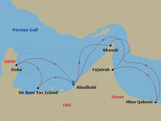 Celestyal Discovery - 7 Night - Iconic Arabia from Abu Dhabi - Celestyal Discovery - Starting in Abu Dhabi, Uae, Dubai, Uae, Sir Baniyas Island, UAE, Abu Dhabi, Uae, Doha, Qatar, R.. itinerary map