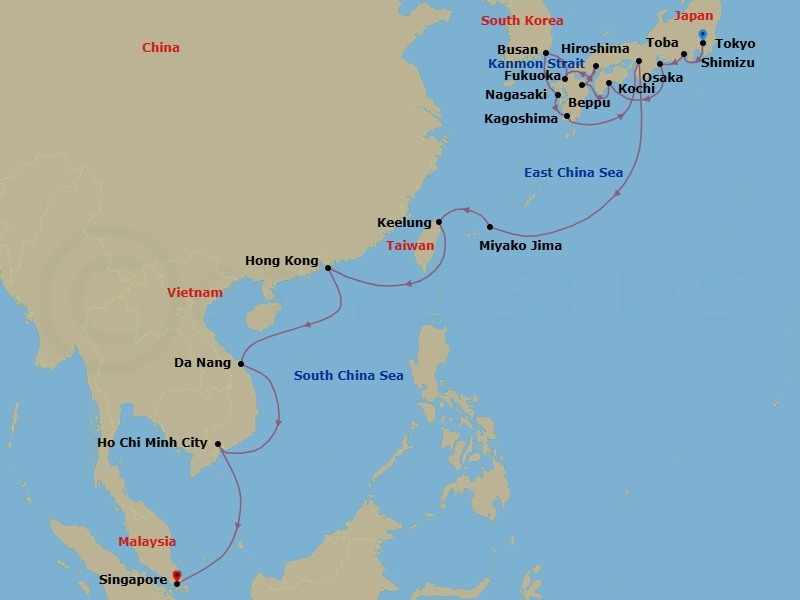26 Night - Japan, Taiwan, Southeast Asia - Seabourn Encore - Starting in Tokyo, Japan, Shimizu, Japan, Toba, Japan, Kochi, Japan, Beppu, Japan, Hiroshima, Japan, Scenic Cruising Kanmon Straits, Fukuoka (Hakata), Japan, Busan (Pusan), South Korea, Nagasaki, Japan, Kagoshima, Japan, Osaka, Japan, Miyakojima, Japan, Keelung (Taipei), Taiwan, Hong Kong, China, Da Nang (Hue), Vietnam, Ho Chi Minh City (Saigon), Vietnam, Singapore itinerary map