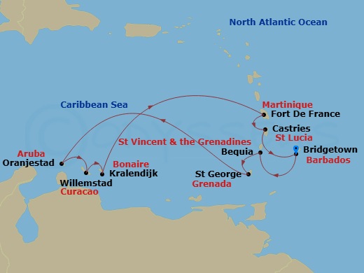 Silver Spirit - 10 Night - Bridgetown to Bridgetown - Silver Spirit - Starting in Bridgetown, Bequia, St Georges, Oranjestad, Aruba, Willemstad AN, Curacao, Kralendijk, Bonai.. itinerary map