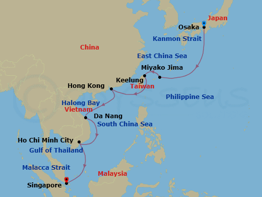 14 Night - Japan, Hong Kong, Vietnam & Taiwan - Seabourn Encore - Starting in Osaka, Japan, Miyakojima, Japan, Keelung (Taipei), Taiwan, Hong Kong, China, Da Nang (Hue), Vietnam, Ho Chi Minh City (Saigon), Vietnam, Singapore itinerary map