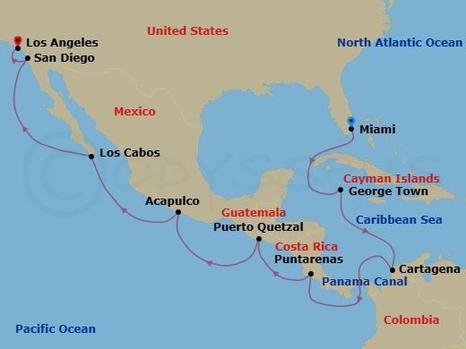 16 Night - Panama Canal & Pacific Gems - Seven Seas Grandeur - Starting in Miami, Cruising the Straits of Florida, George Town, Cruising the Caribbean Sea, Cartagena CO, Panama Canal Transit, Cruising the Pacific Ocean, Puntarenas, Cruising the Pacific Ocean, Puerto Quetzal, Cruising the Pacific Ocean, Acapulco, Cruising the Pacific Ocean, Cabo San Lucas, Cruising the Pacific Ocean, San Diego, Los Angeles itinerary map