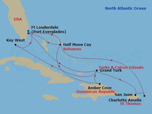 HAL Eurodam - 14 Night - Eastern Caribbean : Bahamas & San Juan - HAL Eurodam - Starting in Fort Lauderdale, Florida, Key West, Florida, Grand Turk, Turks and Caicos, Amber.. itinerary map