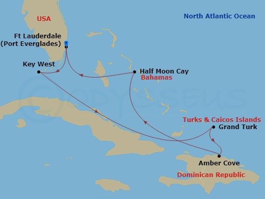 HAL Eurodam - 7 Night - Eastern Caribbean : Amber Cove & Grand Turk - HAL Eurodam - Starting in Fort Lauderdale, Florida, Key West, Florida, Grand Turk, Turks and Caicos, A.. itinerary map