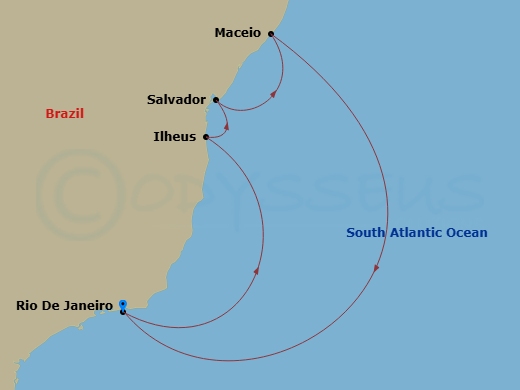 MSC Armonia - 7 Night - South America - MSC Armonia - Starting in Rio De Janeiro, Brazil, Ilheus, Brazil, Salvador, Brazil, Maceio, Brazil, Rio De Janeiro, Brazil itinerary map