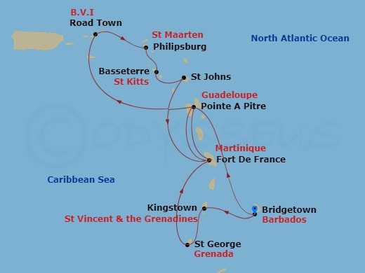 14 Night - Bgi - MSC Virtuosa - Starting in Bridgetown, Barbados, Kingstown, St Vincent and the Grenadines, Saint Georges, Grenada, Fort-de-France, Martinique, Pointe-A-Pitre, Guadeloupe, Road Town (Tortola), British Virgin Islands, Philipsburg, St Maarten, Basseterre, St Kitts and Nevis, St Johns AG, Antigua, Fort-de-France, Martinique, Pointe-A-Pitre, Guadeloupe, Bridgetown, Barbados itinerary map