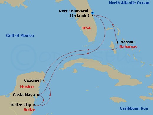 MSC Grandiosa - 7 Night - Caribbean and Antilles - MSC Grandiosa - Starting in Port Canaveral (Orlando), Florida, Costa Maya, Mexico, Belize, Cozumel, Mexico, Nassau, Bahamas.. itinerary map