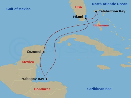 Carnival Celebration - 7 Night - Western Caribbean - Carnival Celebration - Starting in Miami, Fl, Isla Tropicale, Roatan, Cozumel, Mexico, Celebration Key, the Bahamas, Miami, Fl itinerary map