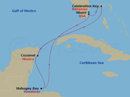 Carnival Celebration - 7 Night - Western Caribbean - Carnival Celebration - Starting in Miami, Fl, Mahogany Bay, Roatan, Cozumel, Mexico, Celebration Key, the Bahamas, Miami, Fl itinerary map