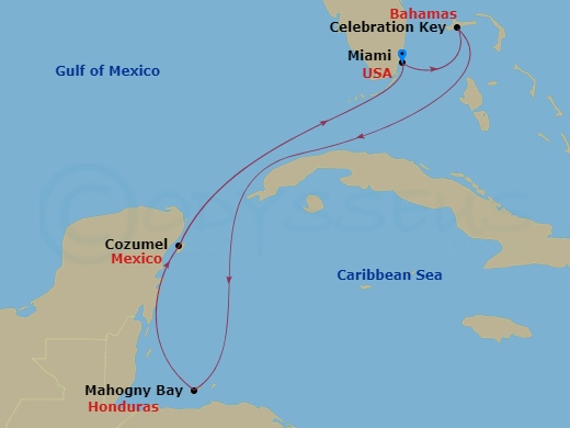 Carnival Celebration - 7 Night - Western Caribbean - Carnival Celebration - Starting in Miami, Fl, Celebration Key, the Bahamas, Isla Tropicale, Roatan, Cozumel, Mexico, Miami, Fl itinerary map
