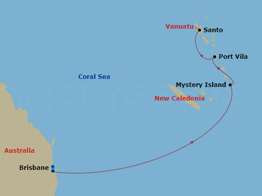 Carnival Luminosa - 8 Night - Vanuatu - Carnival Luminosa - Starting in Brisbane, Australia, Mystery Island, Vanuatu, Vila, Vanuatu, Santo, Vanuatu, Brisbane, Australia itinerary map