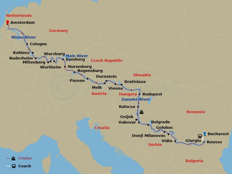 Emerald Dawn - 22 Night - Discover the Rhine, Main & Danube Rivers - Emerald Dawn - Starting in Bucharest, Bucharest / Giurgiu, Rousse, Vidin, Donji Milanovac / Golubac, Bel.. itinerary map