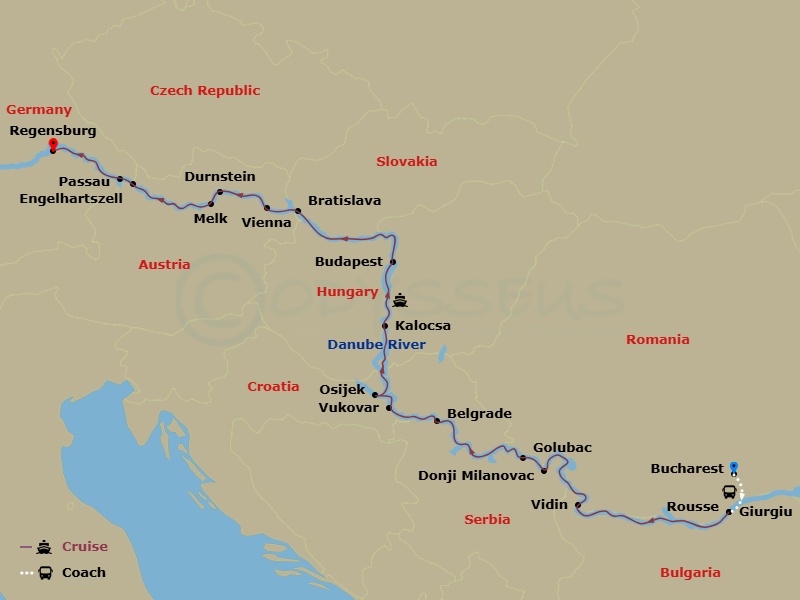 Emerald Star - 15 Night - Discover the Treasures of the Danube - Emerald Star - Starting in Bucharest, Bucharest / Giurgiu, Rousse, Vidin, Donji Milanovac / Golubac, Belgrad.. itinerary map