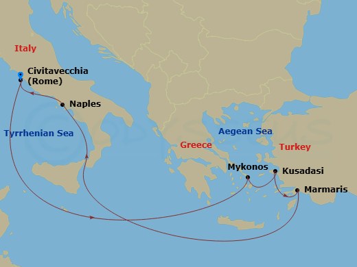 MSC Divina - 7 Night - Mediterranean - MSC Divina - Starting in Civitavecchia (Rome), Italy, Mykonos, Greece, Kusadasi, Turkey, Marmaris, Turkey, Naples (Pompeii), Italy,.. itinerary map