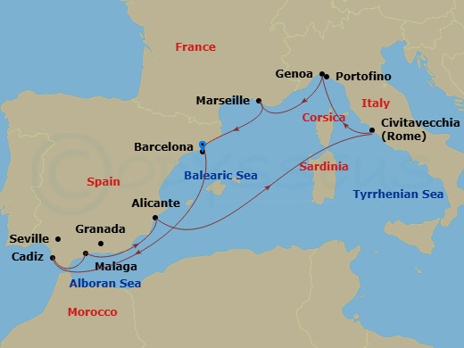 MSC Magnifica - 10 Night - Mediterranean - MSC Magnifica - Starting in Barcelona, Spain, Cadiz (Seville), Spain, Malaga (Granada), Spain, Alicante, Spain, Civitavecchia (Rome.. itinerary map