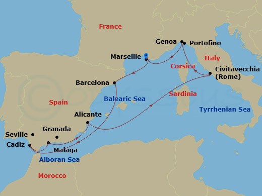 MSC Magnifica - 10 Night - Mediterranean - MSC Magnifica - Starting in Marseille (Provence), France, Barcelona, Spain, Cadiz (Seville), Spain, Malaga (Granada), Spain, Alican.. itinerary map