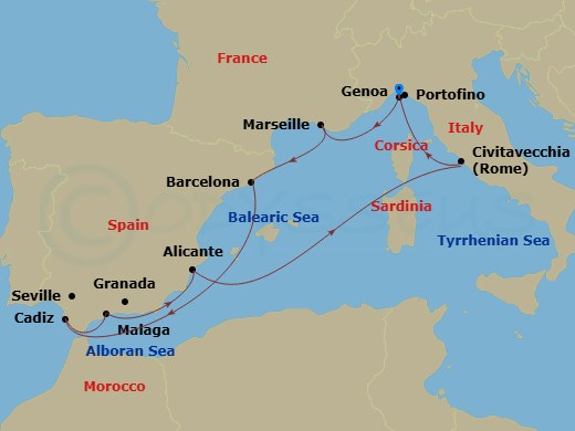 MSC Magnifica - 10 Night - Goa - MSC Magnifica - Starting in Genoa (Portofino), Italy, Marseille (Provence), France, Barcelona, Spain, Cadiz (Seville), Spain, Malaga (Granada.. itinerary map