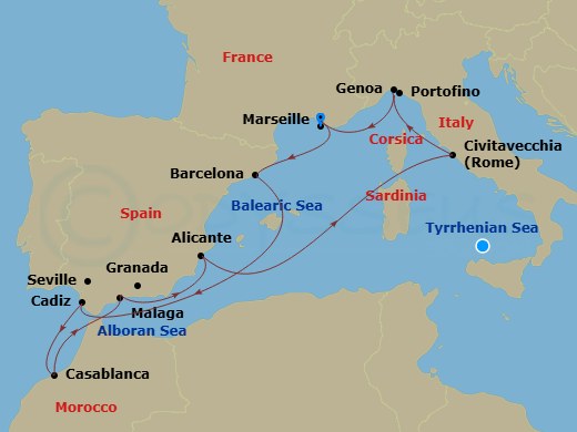 MSC Magnifica - 10 Night - Mediterranean - MSC Magnifica - Starting in Marseille (Provence), France, Barcelona, Spain, Cadiz (Seville), Spain, Casablanca (Marrakesh), Morocco.. itinerary map