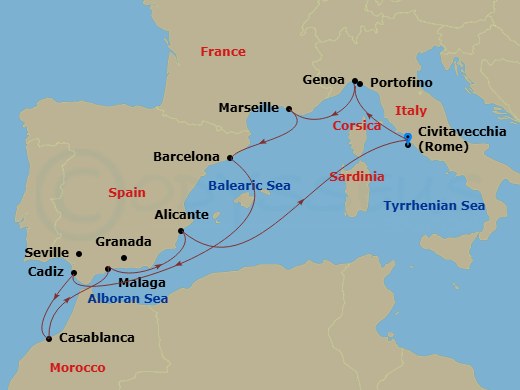 MSC Magnifica - 10 Night - Mediterranean - MSC Magnifica - Starting in Civitavecchia (Rome), Italy, Genoa (Portofino), Italy, Marseille (Provence), France, Barcelona, Spain,.. itinerary map