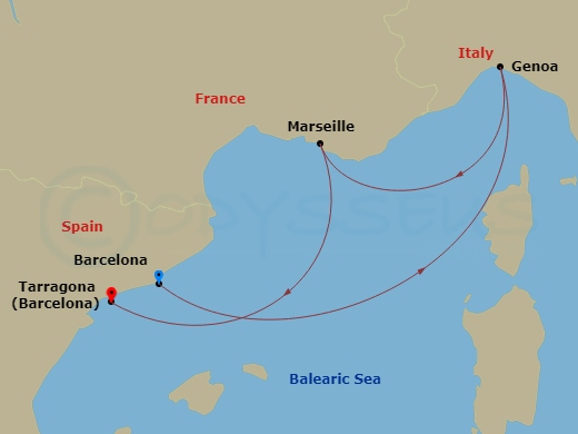 MSC Magnifica - 4 Night - Mediterranean - MSC Magnifica - Starting in Barcelona, Spain, Genoa (Portofino), Italy, Marseille (Provence), France, Tarragona, Spain itinerary map