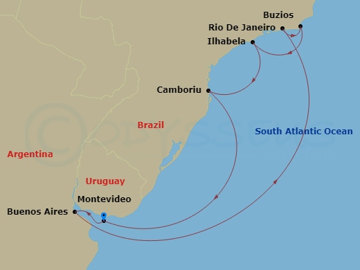 9 Night - South America - MSC Fantasia - Starting in Montevideo, Uruguay, Buenos Aires, Argentina, Rio De Janeiro, Brazil, Buzios, Brazil, Ilhabela, Brazil, Camboriu, Brazil, Montevideo, Uruguay itinerary map