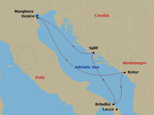 MSC Armonia - 5 Night - Vce - MSC Armonia - Starting in Venice / Marghera, Italy, Kotor, Montenegro, Brindisi (Lecce), Italy, Split, Croatia, Venice / Marghera, Italy itinerary map